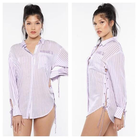 Savage X Fenty Striped Button-Up Shirt - Lavender & White - Picture 1 of 5
